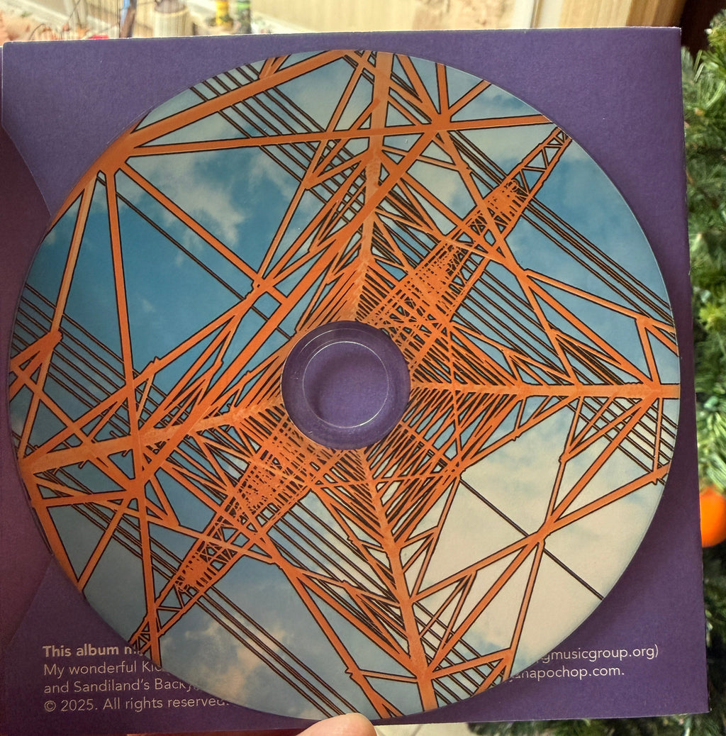 Album cover with orange geometric design on a purple background